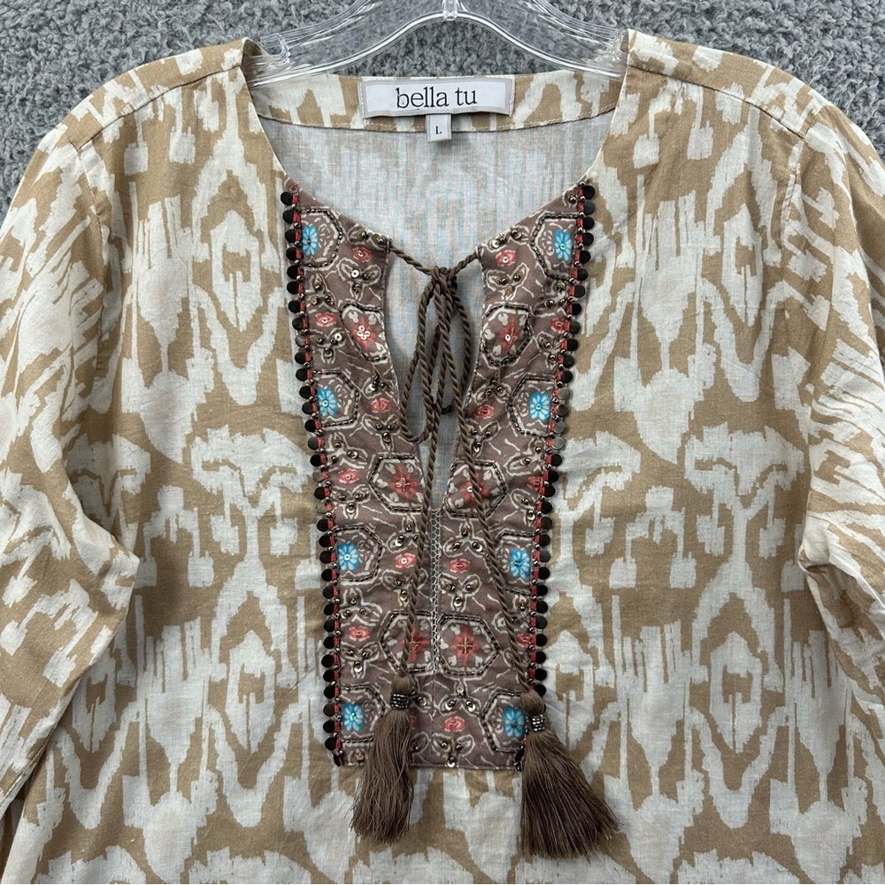 Bella Tu Long Sleeve Tunic Top V Neck Beige Cotton Beaded Sequin Boho Women's L - Picture 2 of 10